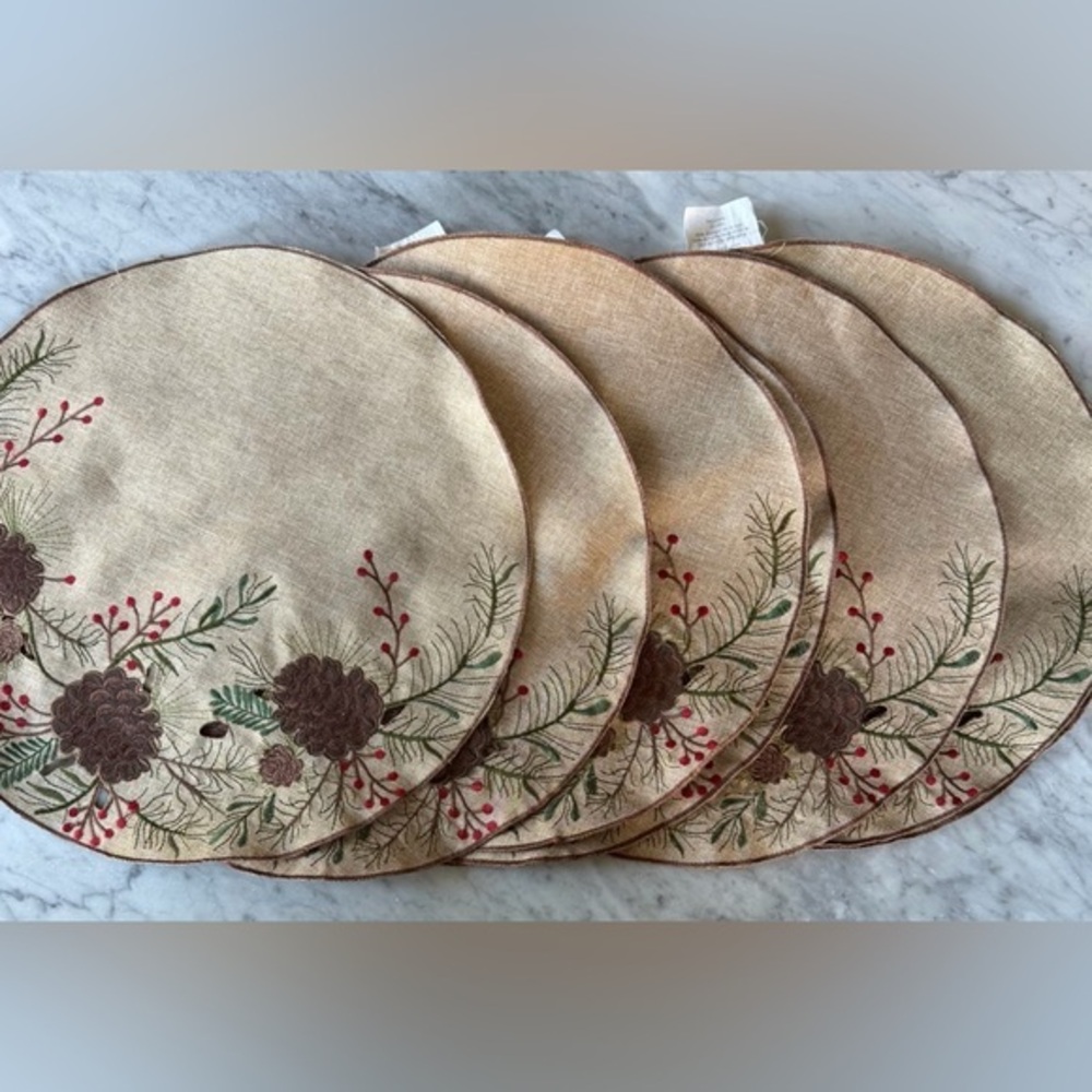 Set of 15 inch Embroidered Pinecone with Red Berries Table  Placemats.(Set of 8)